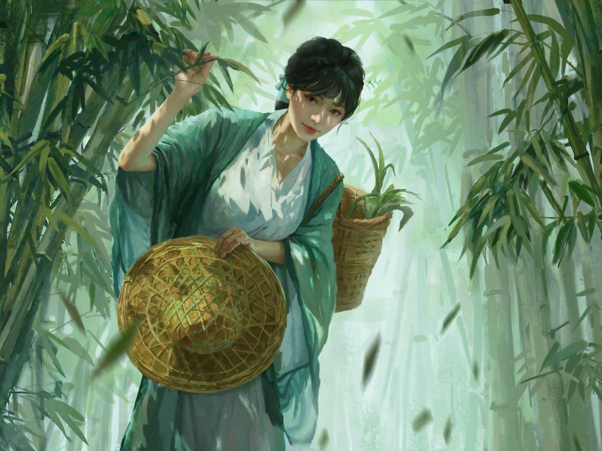 古风美女斗笠竹林iPad平板壁纸，高清2732x2048唯美图片下载