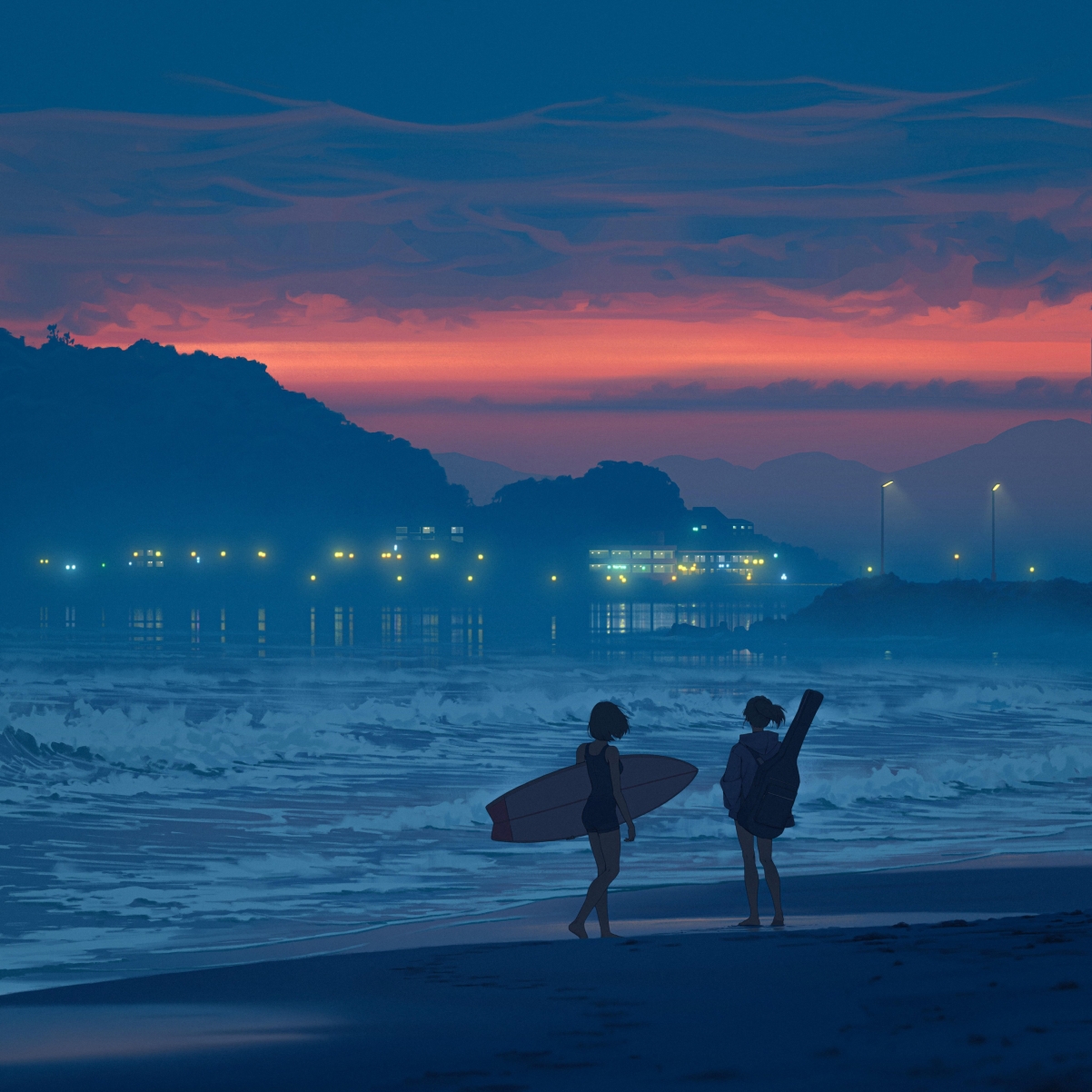 海浪轻拂，海边双影，女孩冲浪背影与吉他平板壁纸，高清2732x2732下载