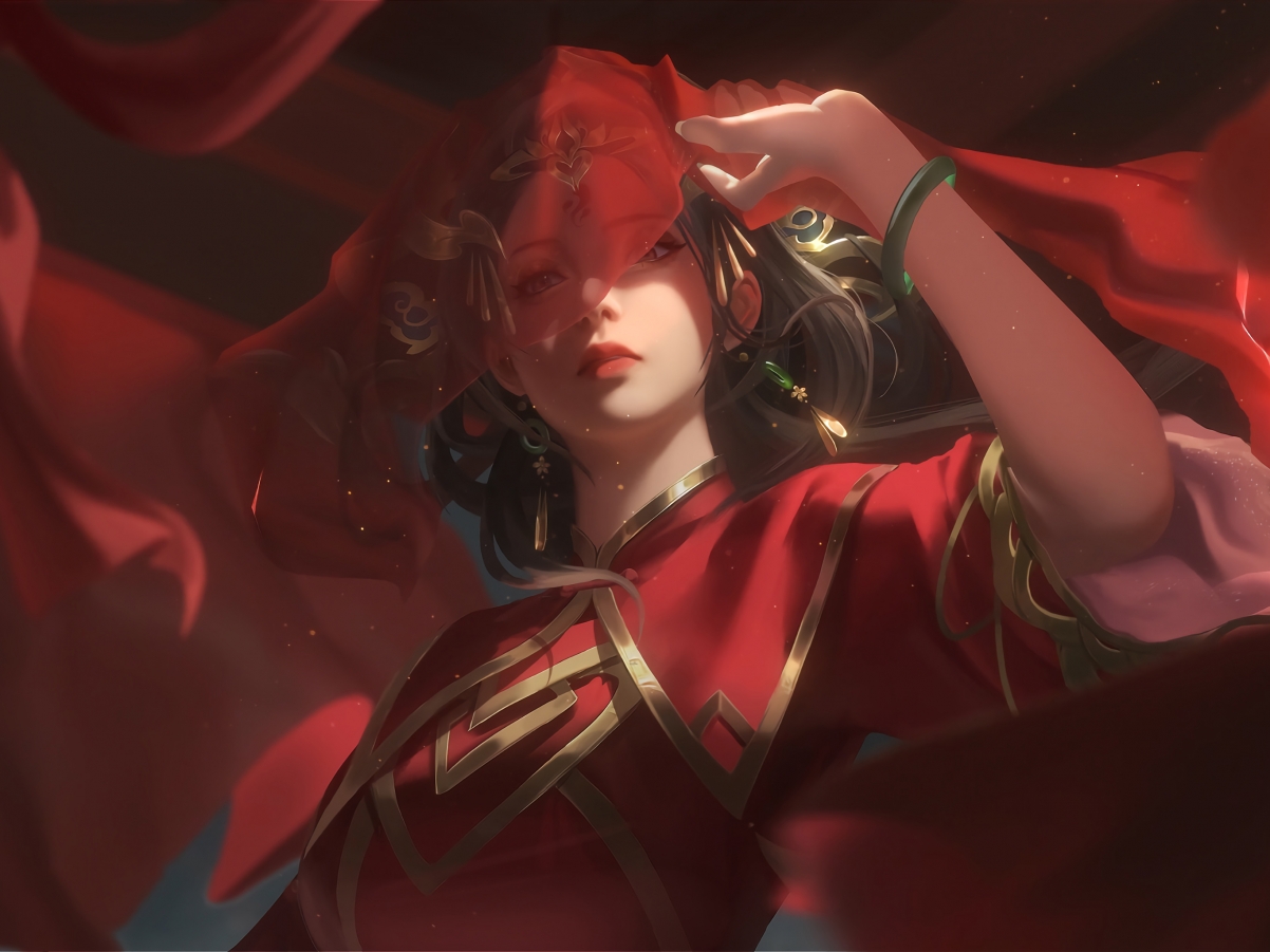 囍嫁新娘，绝美红色婚纱与头纱，iPad高清壁纸2732x2048免费下载