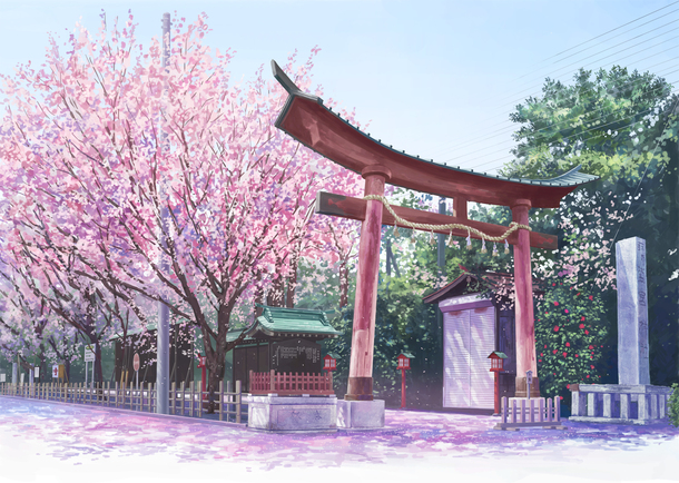 樱花神社动漫插画，古典中国风PNG透明图片素材下载