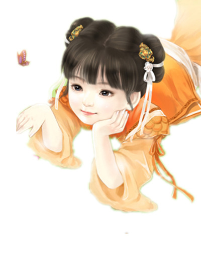 古风绿衣孩童女子立绘PNG透明图，高清花瓣漂浮元素，设计素材下载