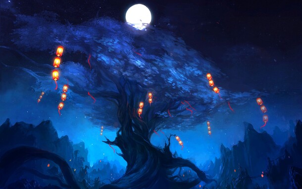 梦幻夜空月影，大树灯笼抽象海报背景，高清PNG透明图片素材下载
