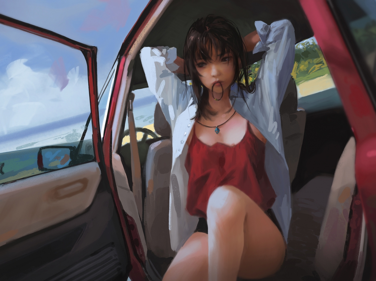 夏日女孩辫子风情，汽车动漫平板壁纸，高清2732x2048下载