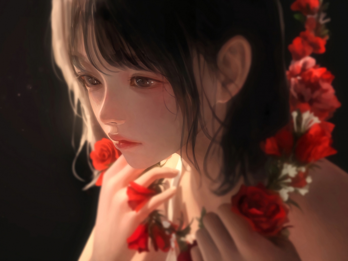 唯美女孩脸庞映衬红花，iPad平板电脑高清壁纸，2732x2048精美下载