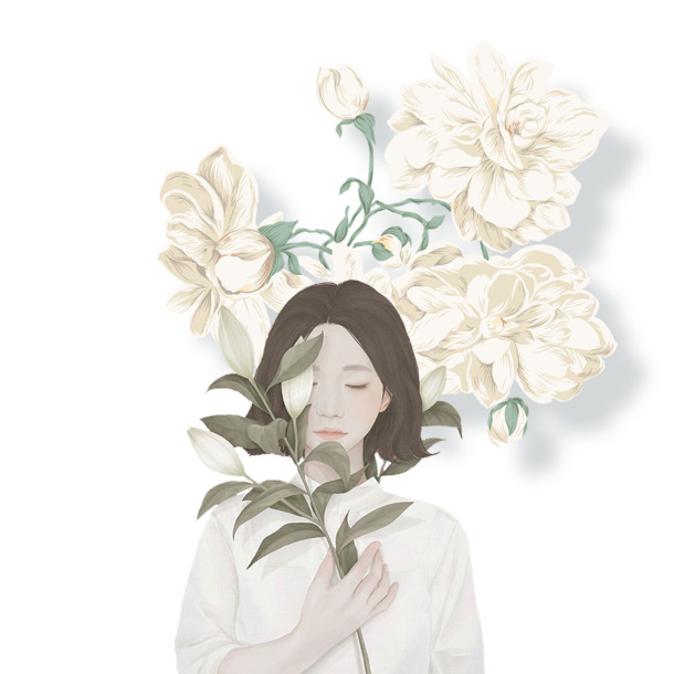 手绘卡通女人持白花PNG透明图片，高清PSD设计素材下载