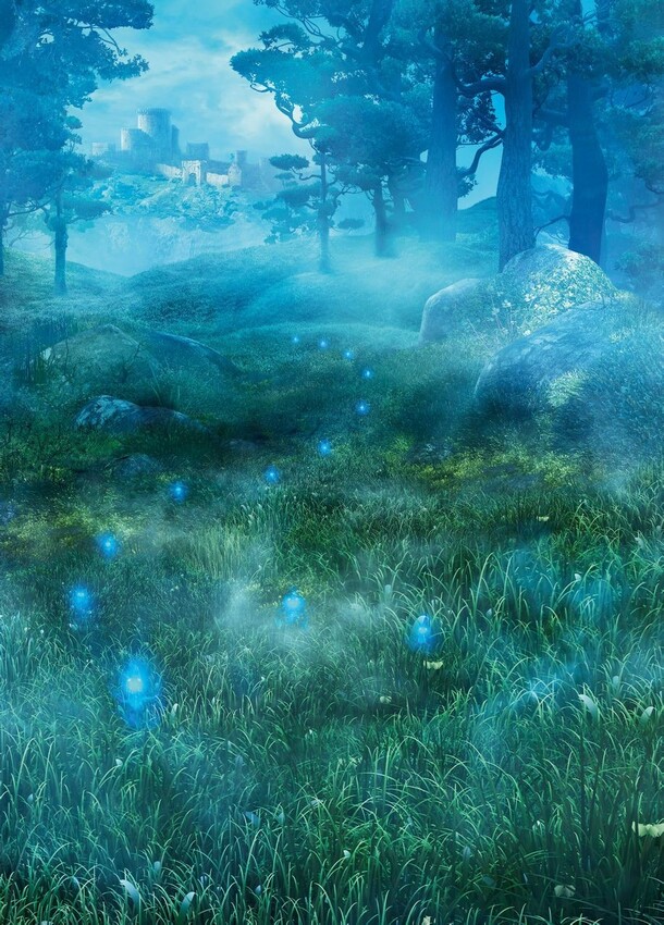 梦幻蓝雾星城背景PNG透明图，树林星光城堡手绘设计素材