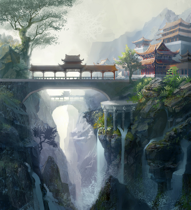 彩绘瀑布阁楼松树PNG透明背景，卡通手绘设计素材下载