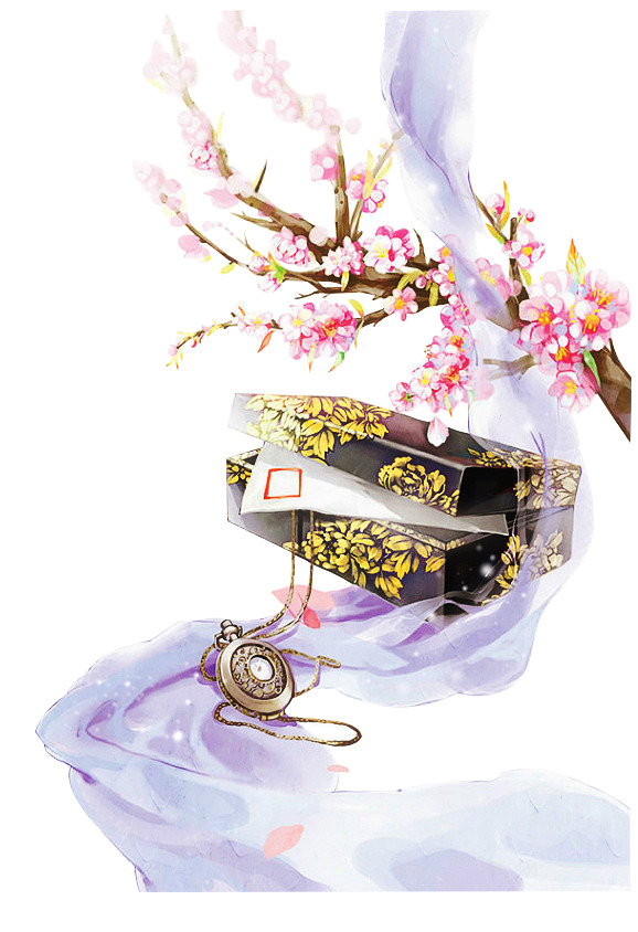 古典箱子配丝带桃花，高清PNG透明花瓣漂浮元素，设计素材免费下载