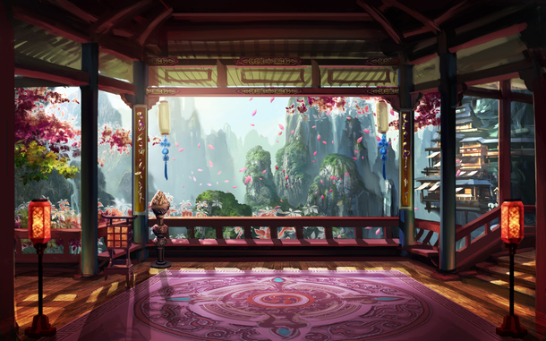 中国风凉亭山峰插画，高清PNG透明背景，卡通手绘素材下载
