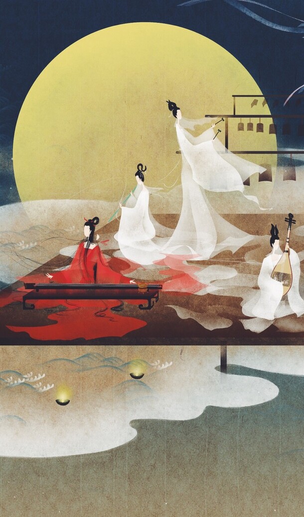 古风歌舞伎插画PNG透明背景，H5设计素材高清下载