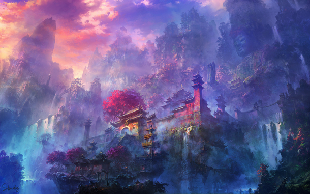 紫色少林寺网页游戏壁纸，高清PNG透明背景，抽象梦幻设计素材下载