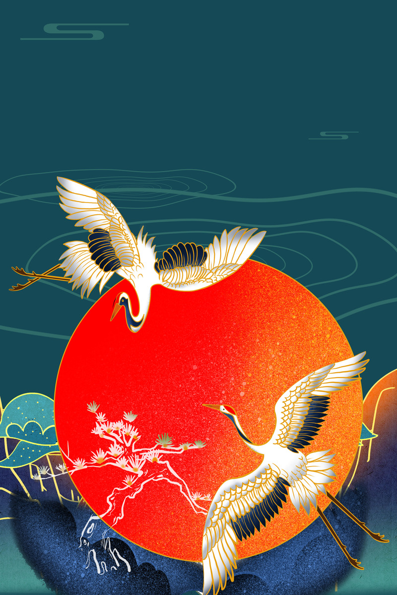 仙鹤祥云金日松树复古中国风高清JPG/PSD设计素材下载