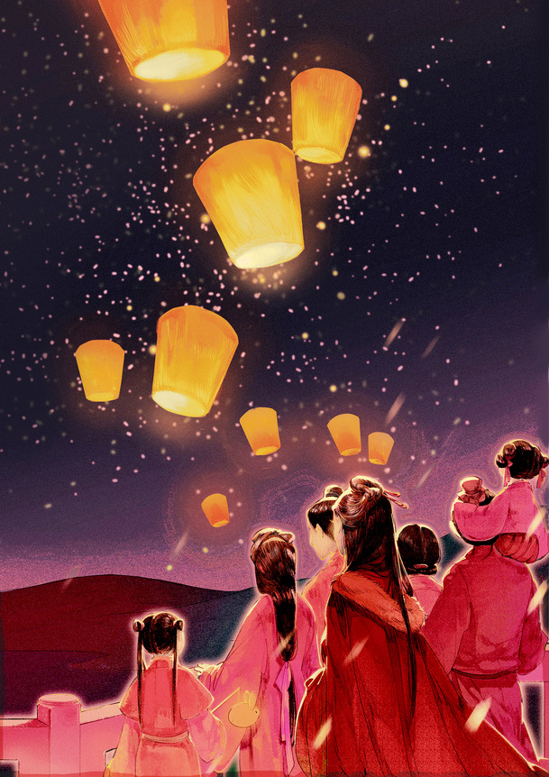 古风孔明灯夜景PNG透明图，唯美手绘，卡通风格，高清下载