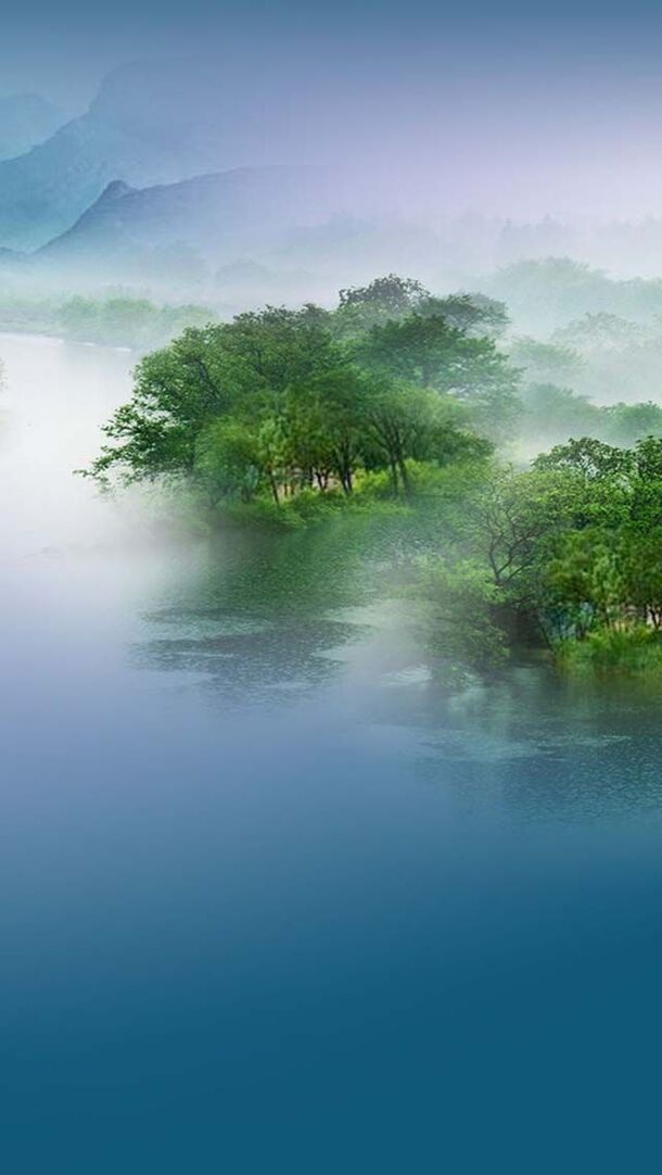 白雾缭绕山间绿林，唯美PNG透明背景海报，H5设计素材下载