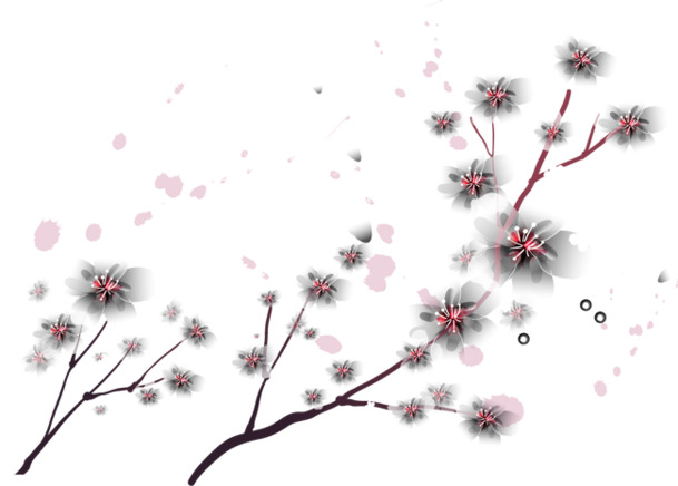 卡通手绘桃花枝PNG透明图，高清漂浮花瓣设计素材下载