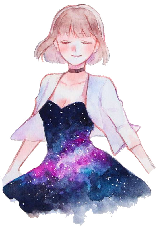 星空礼服女孩PNG透明图，手绘卡通素材，高清下载
