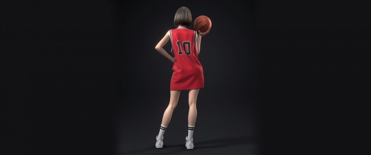 灌篮高手美女背影壁纸，卢静赤木晴子短发3D形象，红球服4K高清带鱼屏下载