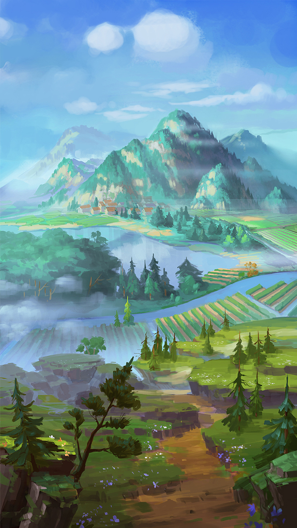 游戏原画素材，山川河流白云高清PNG背景，卡通手绘元素，免费下载