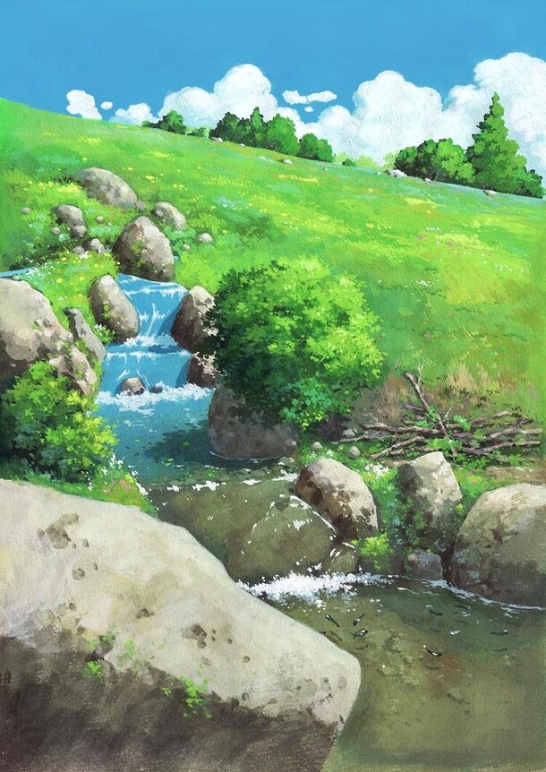 日本动漫风草坪天空彩绘PNG透明背景，手绘卡通设计素材下载