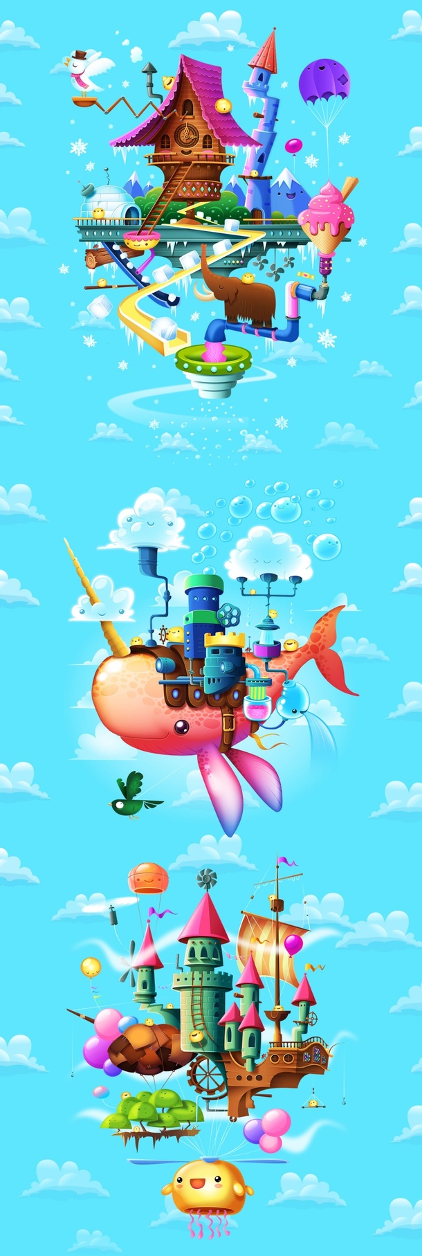 手绘卡通天空游乐园PNG透明背景，H5设计素材高清下载