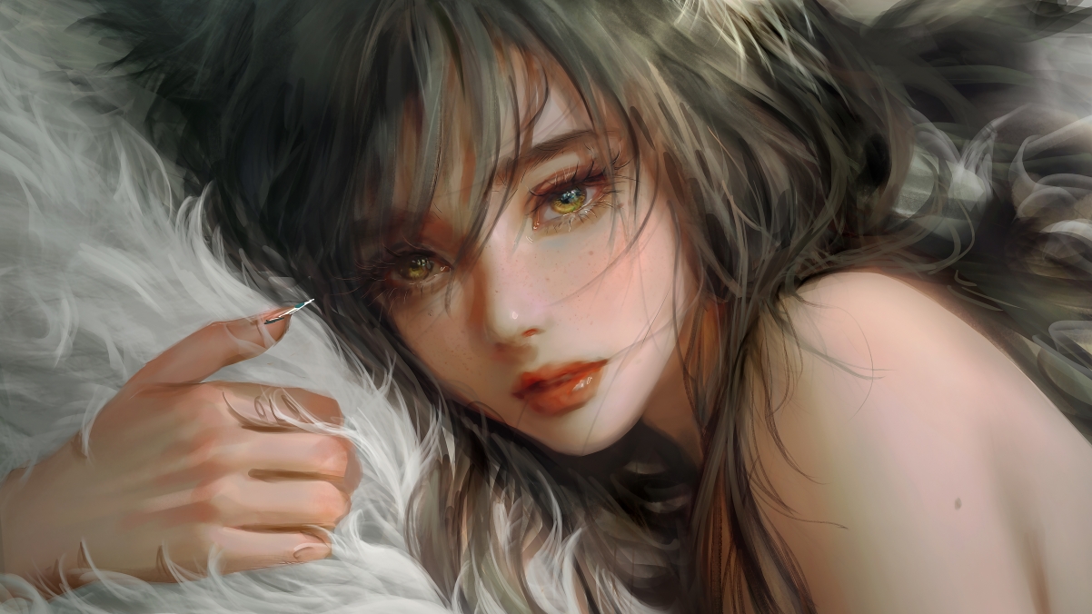 厚涂风女孩手臂痣羽毛细节，超清4K动漫壁纸下载（3840x2160）