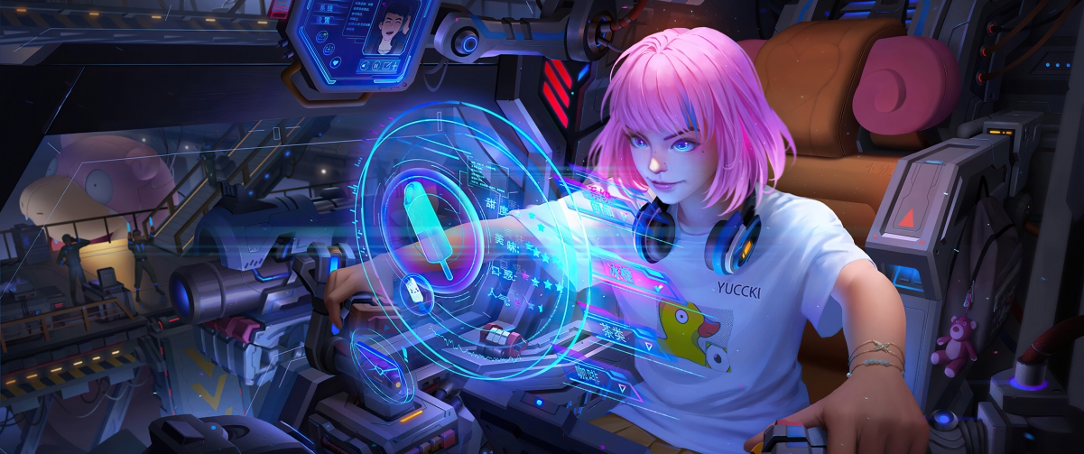 机甲少女粉发短发耳机造型，3D个性动漫壁纸，高清4K图片下载