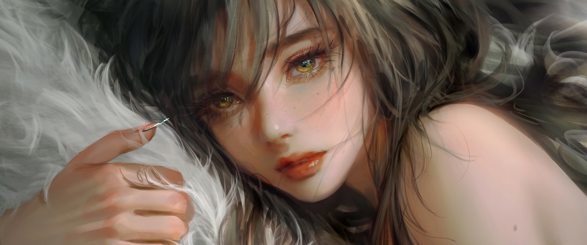 厚涂风女孩手臂痣羽毛特色，带鱼屏4K动漫壁纸，高清3440x1440下载