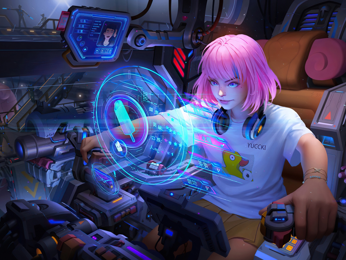 机甲少女粉发短发耳机造型，高清平板电脑壁纸2732x2048，一键下载