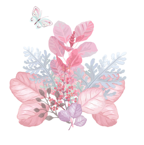 淡雅手绘叶花装饰PNG/PSD素材，高清透明，卡通手绘元素，免费下载