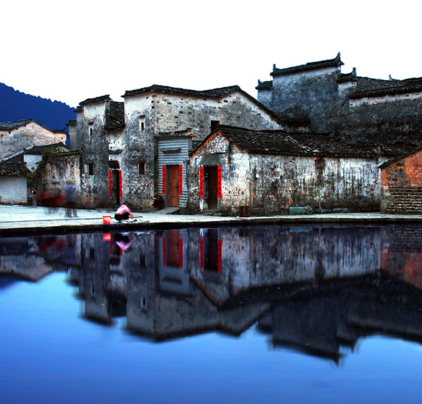 徽州古院落高清PNG素材，蓝色滤镜背景，透明元素，摄影风景图下载