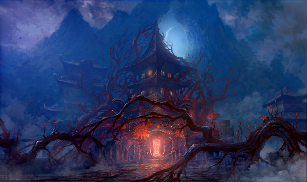 玄幻森林楼阁阴森手绘PNG透明背景，高清卡通图片设计素材下载