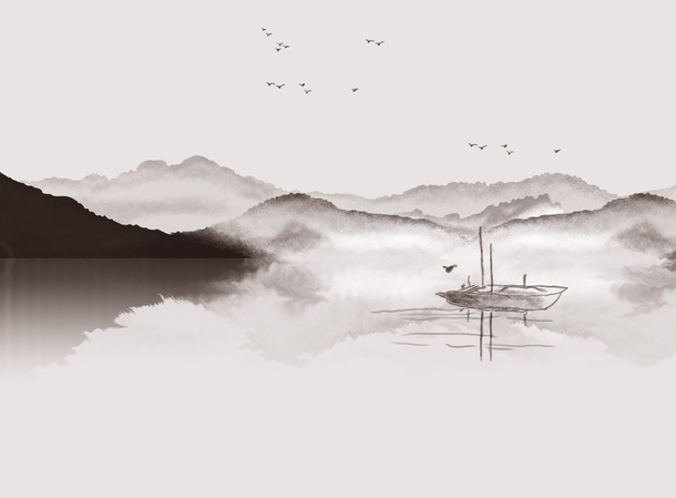 水墨山水小船飞鸟PNG透明背景，古典中国风图片设计素材免费下载