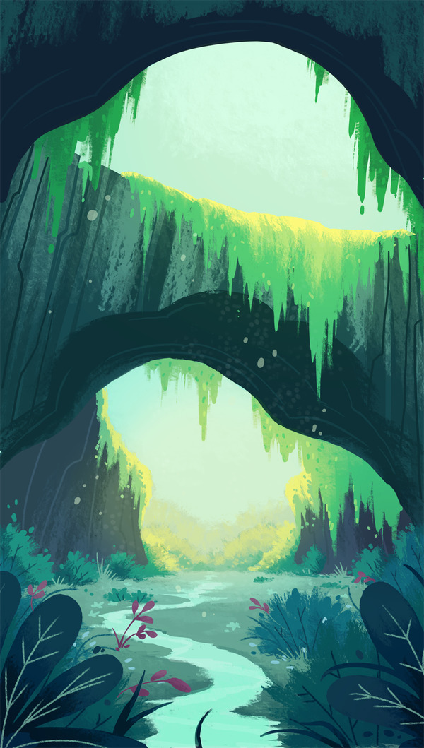 手绘绿色大山洞插画，高清PNG透明背景，卡通手绘图片设计素材下载