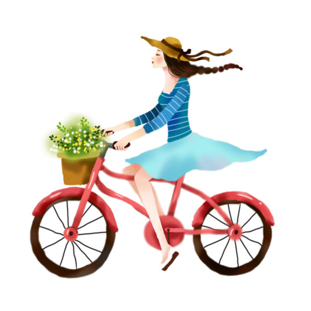 手绘卡通美少女骑车PNG/PSD高清素材，透明背景设计元素下载