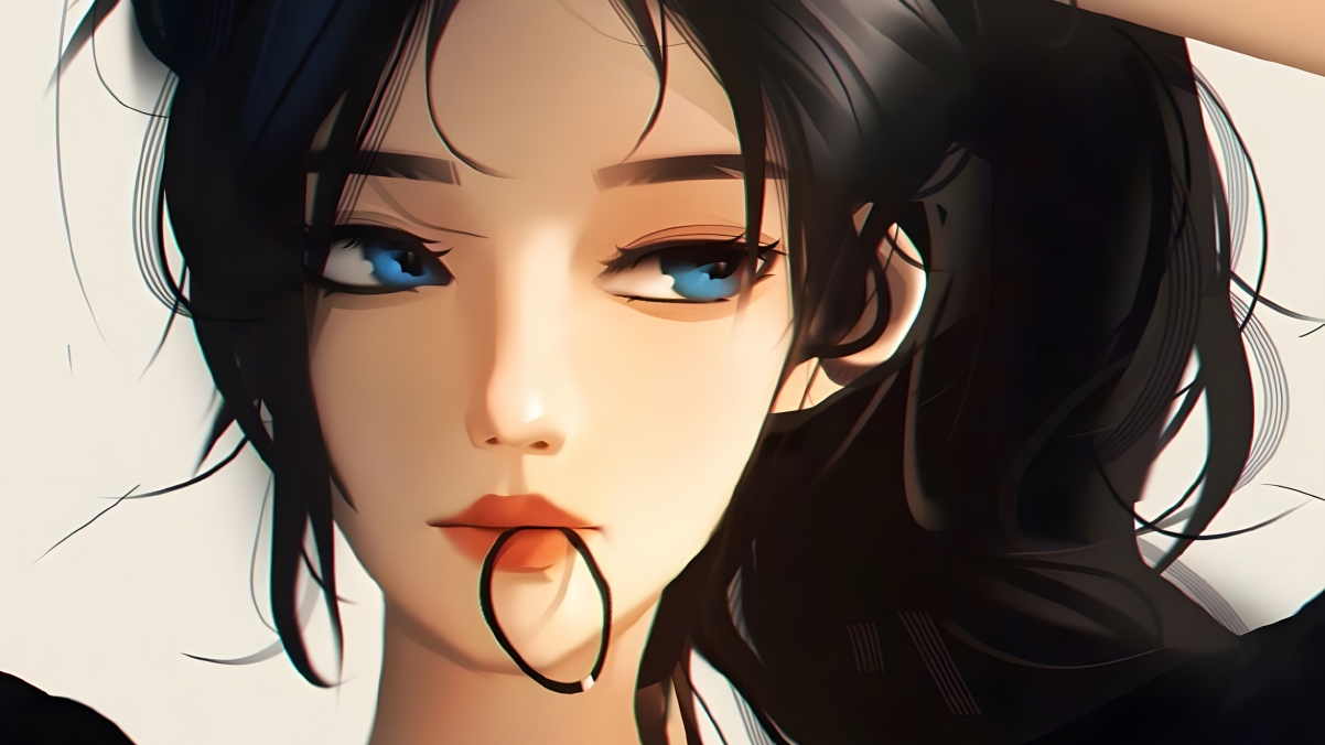 个性女孩绑发瞬间，咬皮筋的4K动漫美女，超清壁纸3840x2160免费下载
