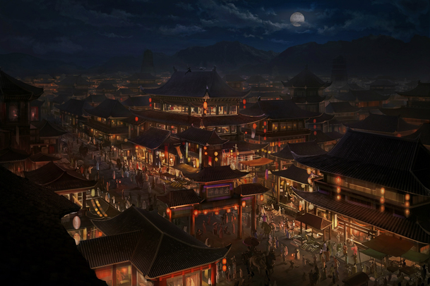 中国风集市灯光场景PNG透明图，古典元素设计素材免费下载