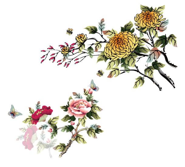 水墨菊花牡丹年画素材，高清PNG透明图，节日元素丰富，春节元宵必备，免费下载