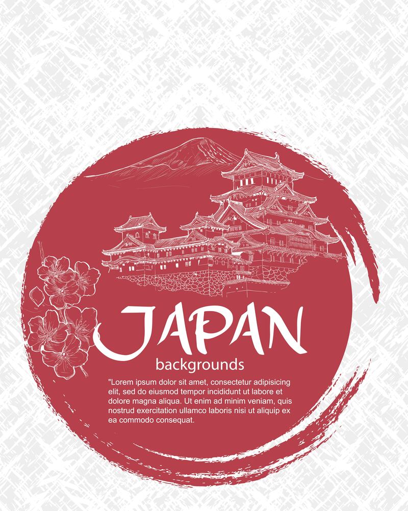 古风矢量手绘日本旅游风景背景图，复古中国风，高清JPG/AI格式下载