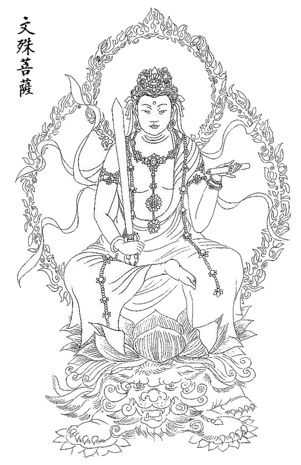 文殊菩萨黑白高清PNG透明画像，中国风装饰元素，设计素材免费下载