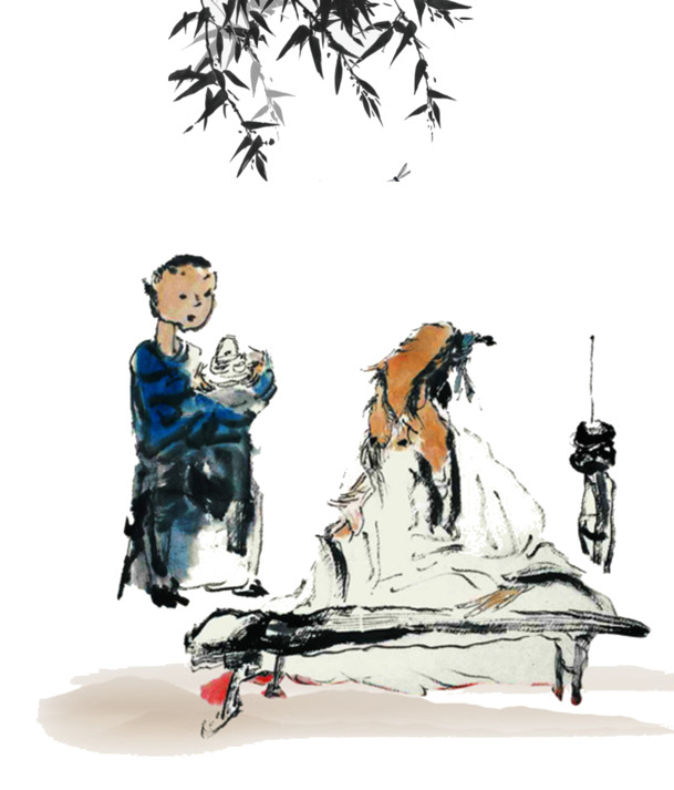 手绘水墨古人抚琴讲学图，PSD/PNG高清透明素材，卡通手绘元素，免费下载