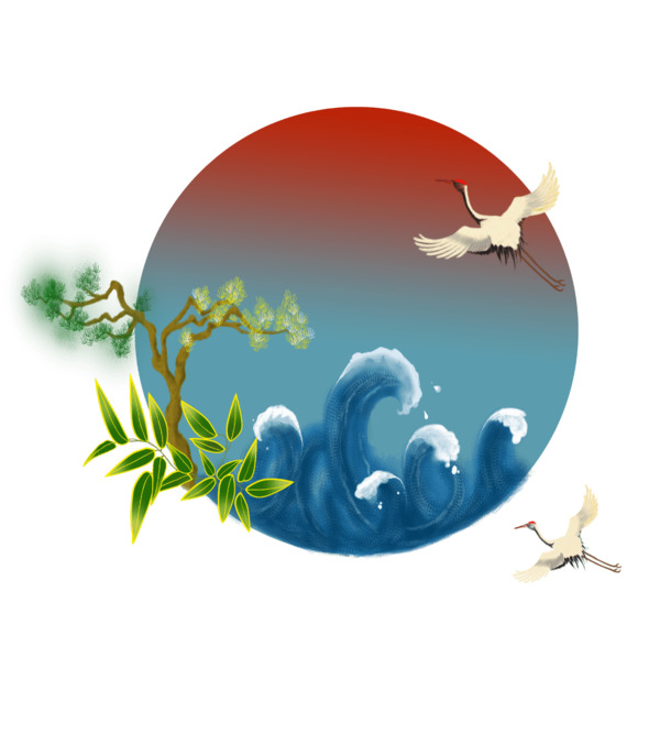 国潮插画，仙鹤图案，圆形高清PNG透明图，国庆节日元素设计素材下载
