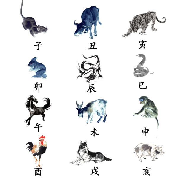 高清PNG透明图，十二生肖与地支元素，免扣素材，设计必备