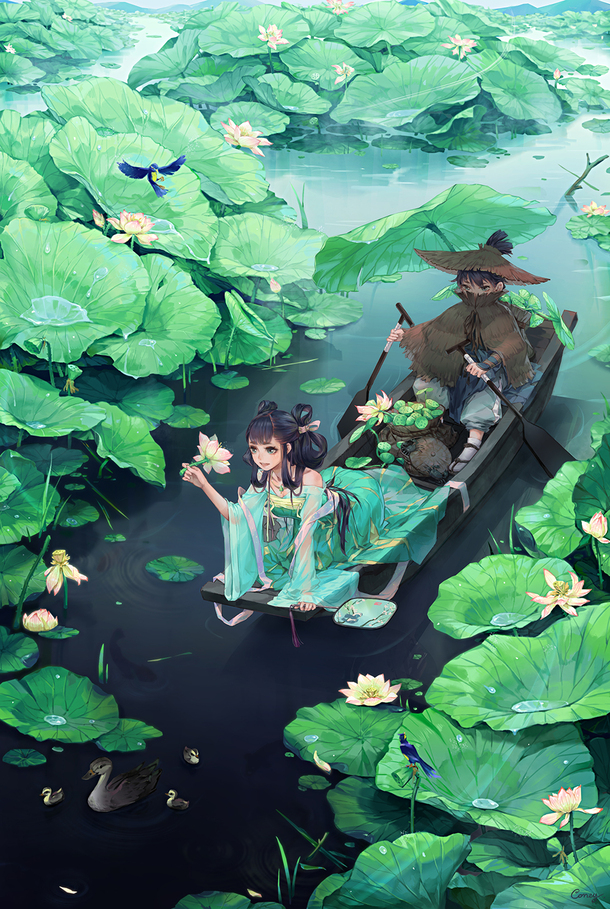 古风荷塘荷叶插画，高清PNG透明背景，卡通手绘设计素材下载