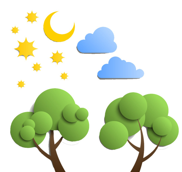 夜晚双树高清PNG透明图，漂浮花瓣元素，设计素材下载