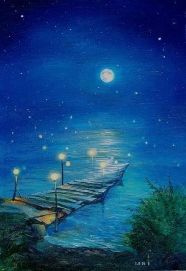 夜空月影湖景，高清PNG透明背景海报设计素材，H5背景图片免费下载