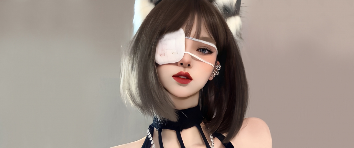 兽耳波波头美女，个性眼罩造型，4K带鱼屏动漫壁纸，3440x1440高清下载