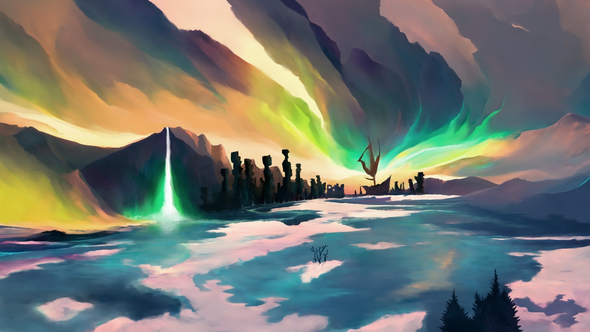极光瀑布美景，创意设计5K高清电脑壁纸，5120x2880超清下载
