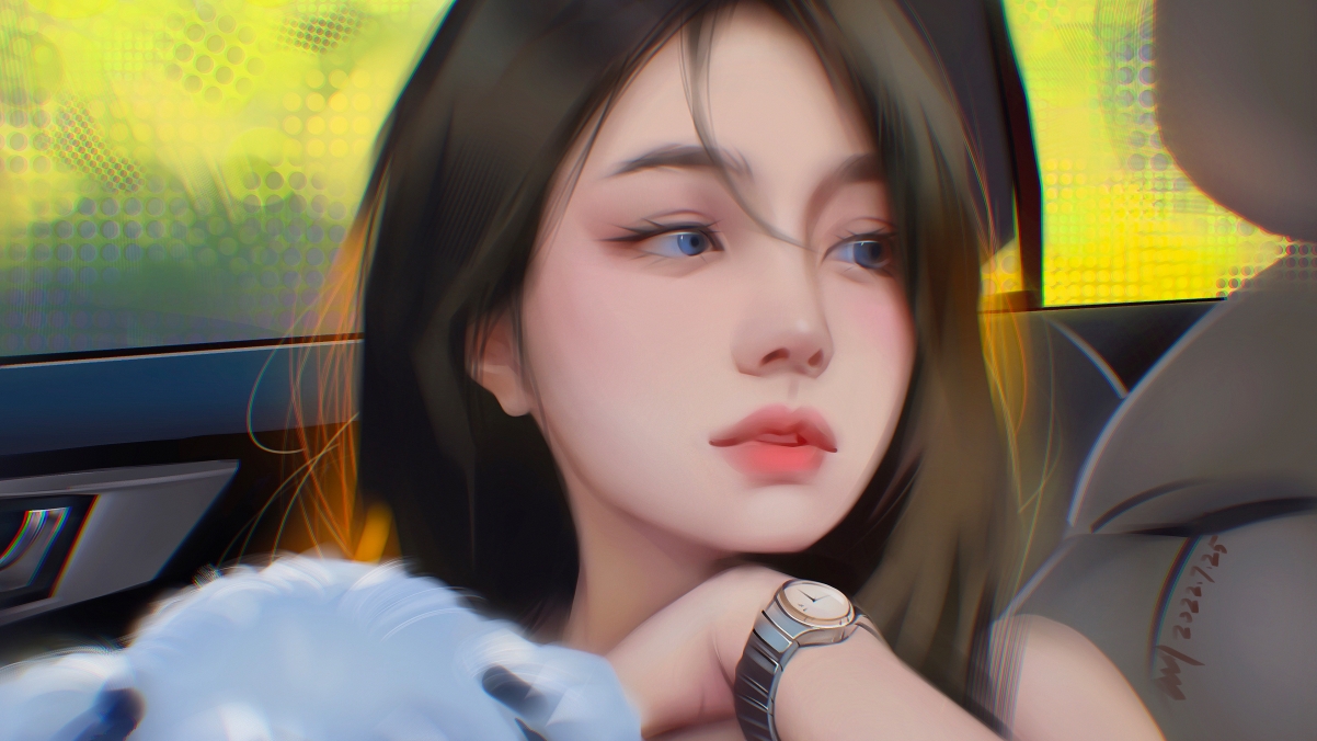 动漫女神，女子车窗观景，精致手表点缀，4K高清壁纸畅享美景