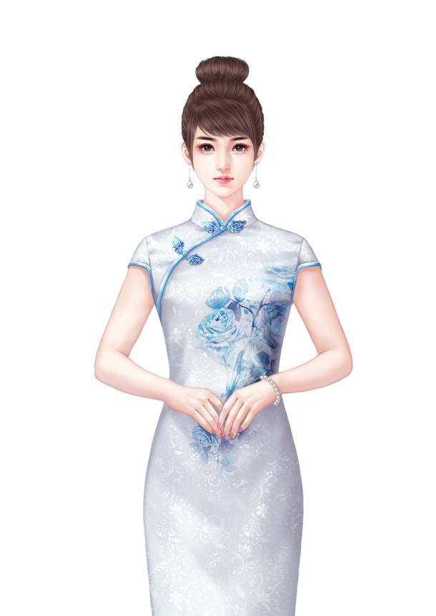优雅白旗袍女士手绘PNG素材，高清透明图片，卡通元素丰富，免费下载