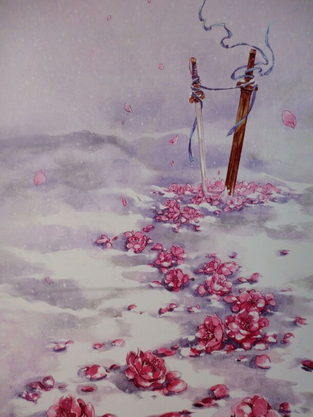 落花雪地双剑古风手绘，高清PNG透明背景素材，免费下载手绘图片设计元素